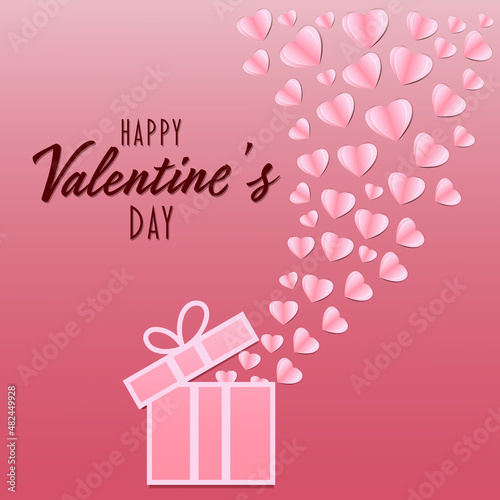 Valentine's hearts with gift box postcard. Paper flying elements on pink background. Vector symbols of love in the shape of heart for Valentine's Day, greeting card design
