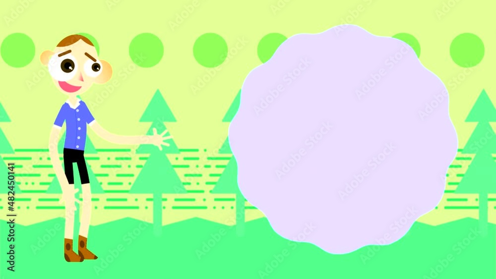 A painted boy with big eyes enters the frame, stops, gesticulates with his hands and continues to move against a green background with Christmas trees and geometric shapes. A painted boy with big eyes enters the frame, stops, gesticulates with his hands and continues to move against a green background with Christmas trees and geometric shapes.