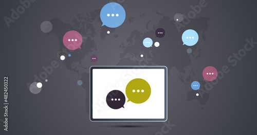 Business social network comunication concept on tablet screen and chatting application world map background flat vector illustration.