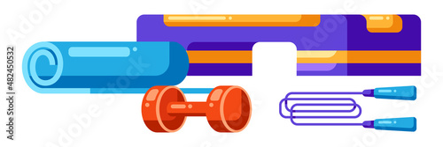 Illustration of fitness equipment. Sport and bodybuilding items.