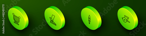 Set Isometric line Ancient lyre, Hermes sandal, Torch flame and chariot icon. Vector