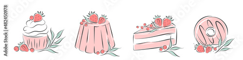 Collection of dessert  with different ingredients. Set of sweet cakes, cupcakes and donuts. Vector illustration isolated on white background
