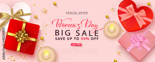 International Women's Day poster design with gift boxes and candles.Vector illustration