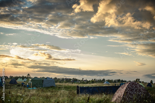 Festival camping in summer evening