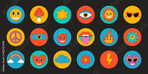 Set of cute elements and characters in psychedelic 70's style. Hippie, psychedelic, groove, retro and vintage style. Vector illustration