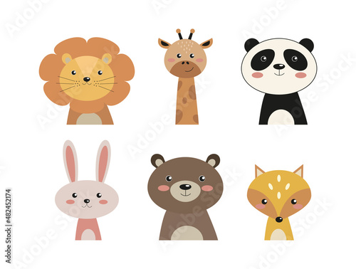 vector illustration set of drawn flat animals on isolated white background. collection of cartoon characters of cute animals, 6 badges, stickers. vector elements for kids