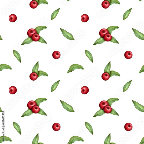 Watercolor wild berries seamless pattern. Background with rosehip berries and leaves. Design for poster  textiles  endless hand drawn texture