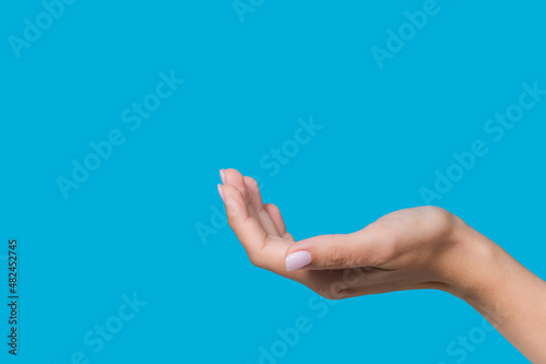 Close up view stock photography of beautiful manicured outstretched empty female hand isolated on blue background 