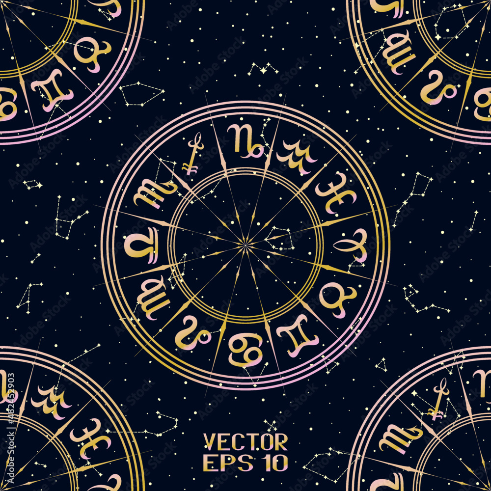 Abstract Pink and Yellow Seamless Pattern with Frame of Zodiac Signs. Horoscope Symbol. Hemisphere Sky Map. Bright Constellations on Starry Night Background. Vector Illustration Abstract Pink and Yellow Seamless Pattern with Frame of Zodiac Signs. Horoscope Symbol. Hemisphere Sky Map. Bright Constellations on Starry Night Background. Vector Illustration