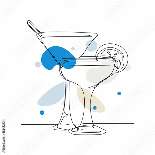 Continuous one simple single abstract line drawing of cocktails in silhouette on a white background. Linear stylized.