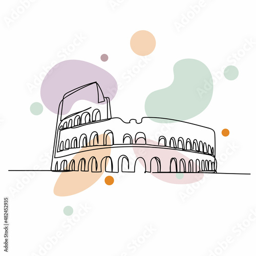Continuous one simple single abstract line drawing of colosseum amphitheater of protection in silhouette on a white background. Linear stylized.