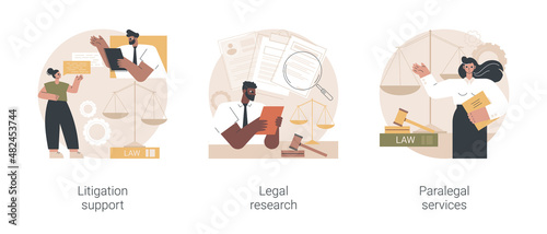 Legal outsourcing abstract concept vector illustration set. Litigation support, legal research, paralegal services, attorney assistant, forensic accounting, law firm, affidavit abstract metaphor.