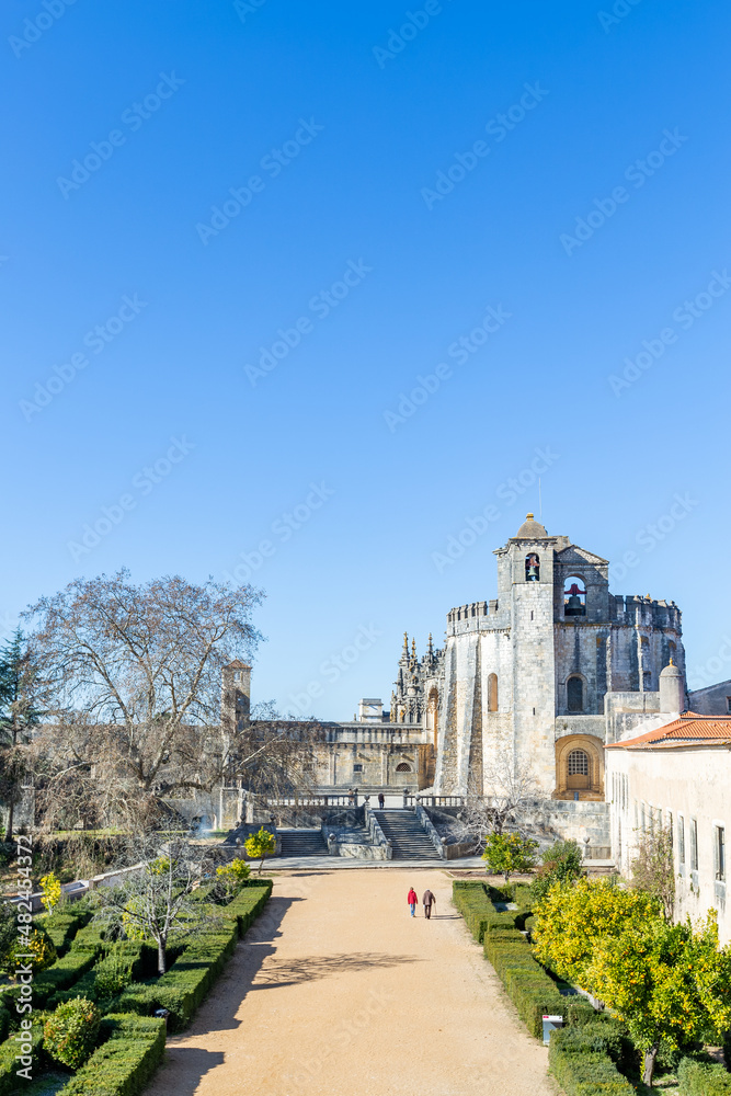Convent of Christ or 'Convento de Cristo' is ornately sculpted, Manueline style, hilltop Roman Catholic convent in Tomar, Portugal. Templar stronghold complex is a historic and cultural monument.