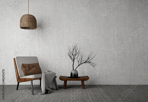 Wabi-sabi style interior mockup with chair,table,vase and floor lamp on grunge wall background.3d rendering photo