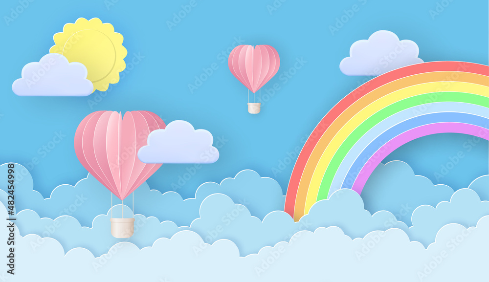 Beautiful hot air balloons flying over fluffy clouds in the sky with sun and rainbow. Greeting card for Valentine's Day.