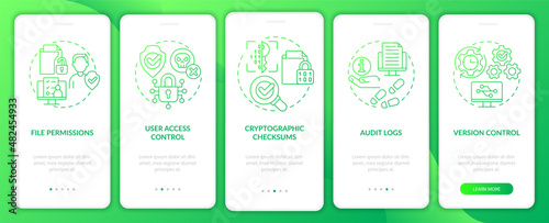 Integrity green gradient onboarding mobile app screen. Private data walkthrough 5 steps graphic instructions pages with linear concepts. UI, UX, GUI template. Myriad Pro-Bold, Regular fonts used