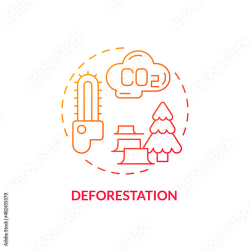 Deforestation red gradient concept icon. Forests clearance. Climate change abstract idea thin line illustration. Isolated outline drawing. Editable stroke. Roboto-Medium, Myriad Pro-Bold fonts used