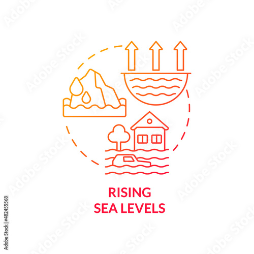 Rising sea levels red gradient concept icon. Effects of climate change abstract idea thin line illustration. Isolated outline drawing. Editable stroke. Roboto-Medium, Myriad Pro-Bold fonts used