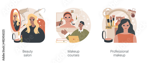 Beauty services abstract concept vector illustration set. Beauty salon, makeup course, professional cosmetics masterclass, nail studio, hair stylist, online workshop, skin treatment abstract metaphor.