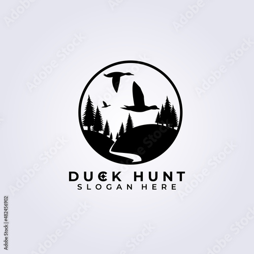Duck hunter logo vector illustration design, duck hunt template logo, pine tree in black