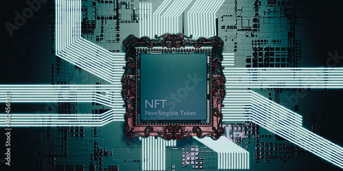NFT Non-fungible Token. Vintage golden picture frame with CPU chip and electric circuit concept style 3d illustration backgroundbackground photo