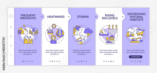 Effects of climate change purple and white onboarding template. Responsive mobile website with linear concept icons. Web page walkthrough 5 step screens. Lato-Bold, Regular fonts used