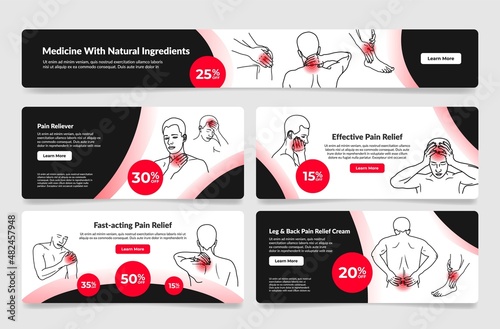 Effective pain relief landing page collection vector illustration medicine with natural ingredients