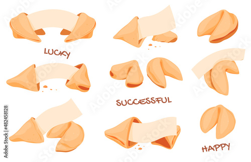 Chinese fortune cookies greeting message collection vector flat illustration crispy biscuit treat