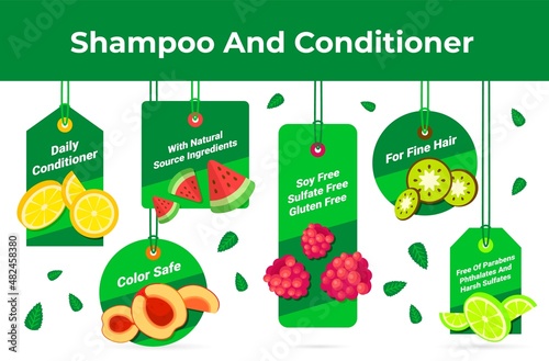 Collection shampoo and conditioner with natural ingredients tag on rope vector flat illustration