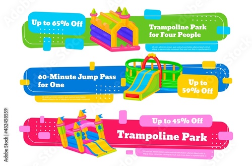 Trampoline park advertising banner collection vector isometric illustration