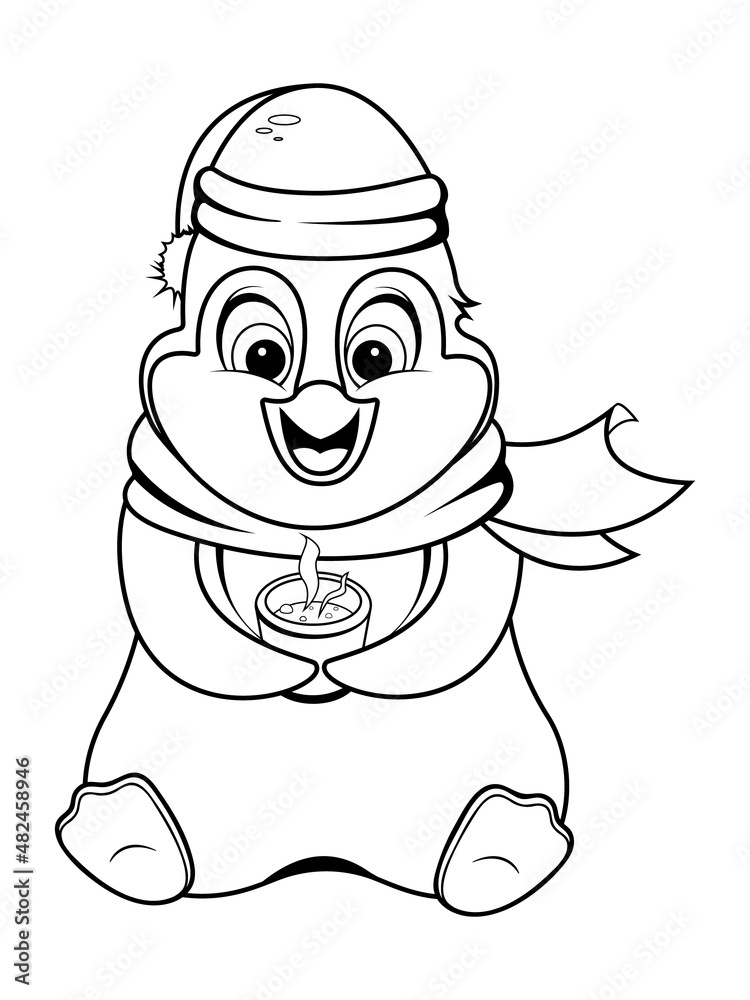 Fototapeta premium Coloring page. Cartoon cute penguin sitting with a cup of hot tea