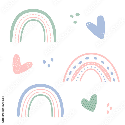 Cute set of rainbows in gentle color. Valentine day illustration collection