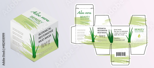 Design of the cosmetic packaging template. Cut. Cosmetic cream mask with aloe vera in a closed box. Realistic 3D model.