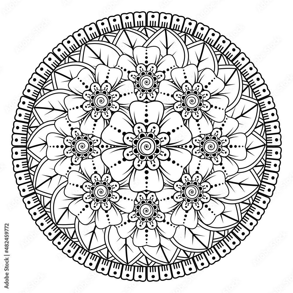 Circular pattern in form of mandala for Henna, Mehndi, tattoo, decoration. Decorative ornament in ethnic oriental style. Coloring book page.