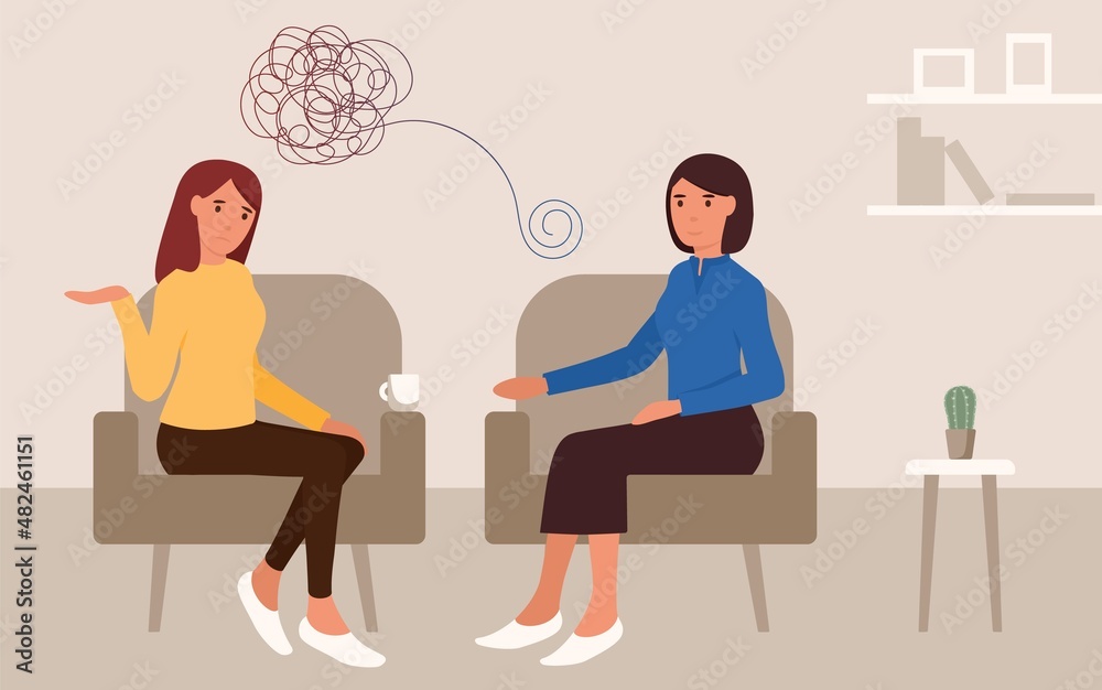 Mental treatment problems psychology concept. Young woman talking with a psychologist. Doctor help pattient. Psychological counseling and therapy. Couch consultation. Vecotor flat illustration.