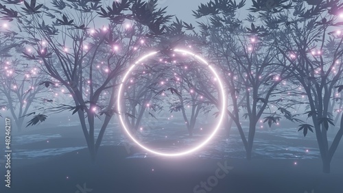 abstract mystical forest with glowing particles and circle, 3d render photo