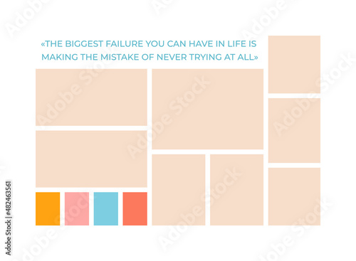 Collage template. Moodboard grid. Mood board background with colour palette and quote. Photomontage pictures layout. Mosaic frames. Branding presentation. Horizontal poster. Vector illustration.