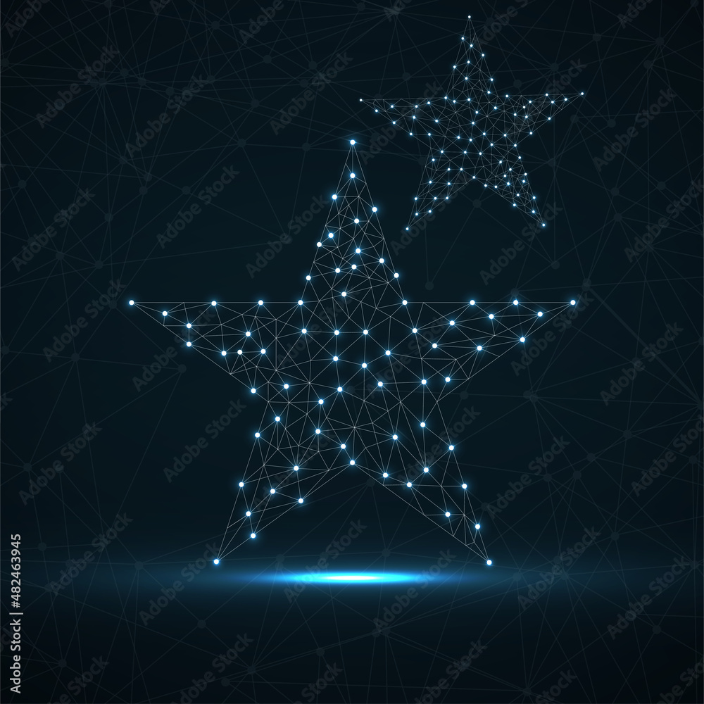 Abstract glowing stars with polygon line and dots. Neon connection structure. Geometric vector design