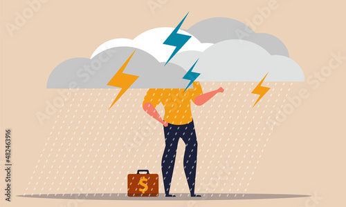 Cloudy disaster and insurance concept with office man thinking and walking. Struggle finance vector illustration. Investment debt and money for overcome thunderstorm. Storm with rain and risk damage