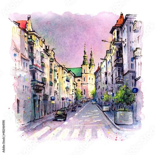 Colour watercolor sketch of Garbary Street in Poznan, Poland photo