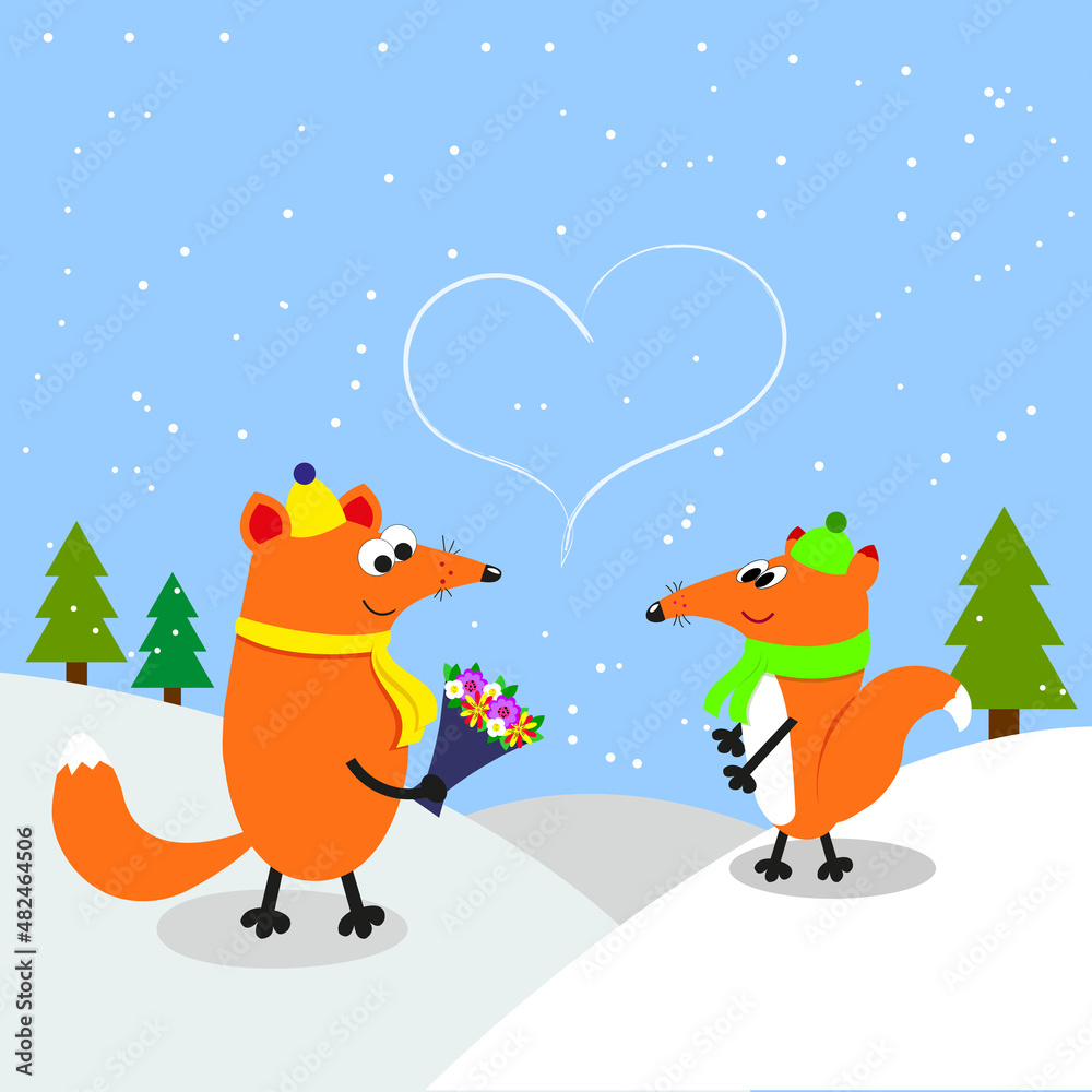 Fototapeta premium Romantic greeting card with funny foxes