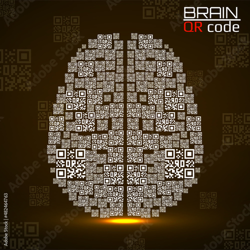 QR code brain. Silhouette human brain with qr code. Technology concept. Vector illustration