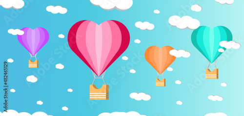 Air balloon in shape of colorful hearts. Flat design for valentine's day vector illustration