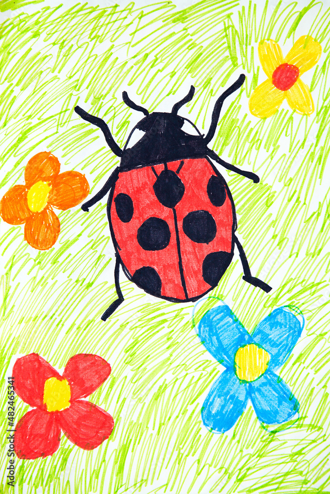 Ladybug on green grass. Like kids drawn flat doodle simple image. Watercolor hand drawing, child painting