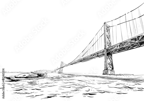 San Francisco city hand drawn. Oakland Bay Bridge sketch, vector illustration