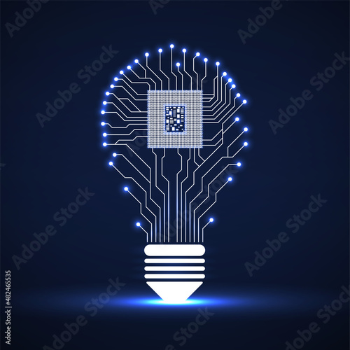 Technology neon light bulb circuit board with cpu inside. Vector illustration