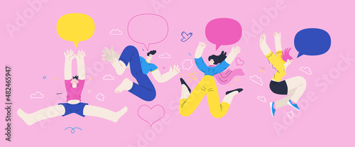 Happiness - happy young man and woman jumping in the air cheerfully. Modern flat vector concept illustration of a happy jumping and dancing person. Feeling and emotion concept.