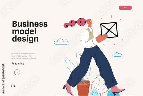 Startup illustration, website landing template Flat line vector modern concept illustration, startup metaphor. Concept of building new business, strategy, company processes. Business model design