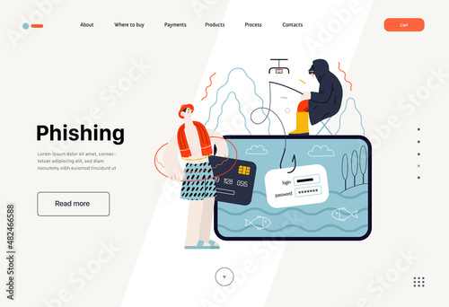 Technology Memphis - Phishing - flat vector concept digital illustration of phishing scam metaphor. Hacker fraud protection, password steal, data phishing. Creative landing web page template