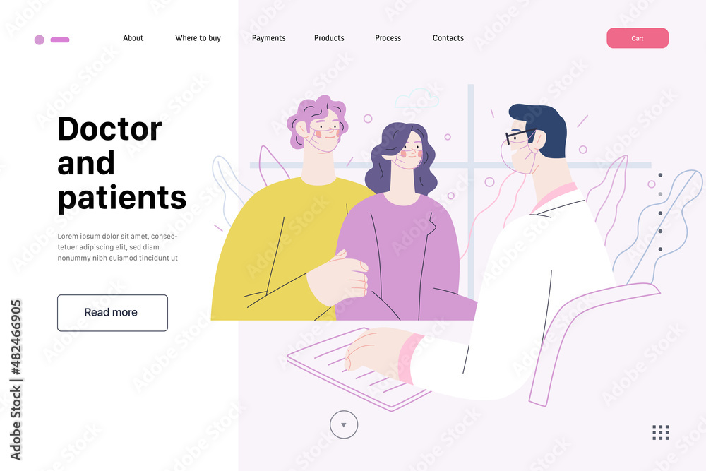 Doctor and patients -medical insurance web template - modern flat vector concept digital illustration. A male family doctor is talking friendly to a young couple, in the medical office